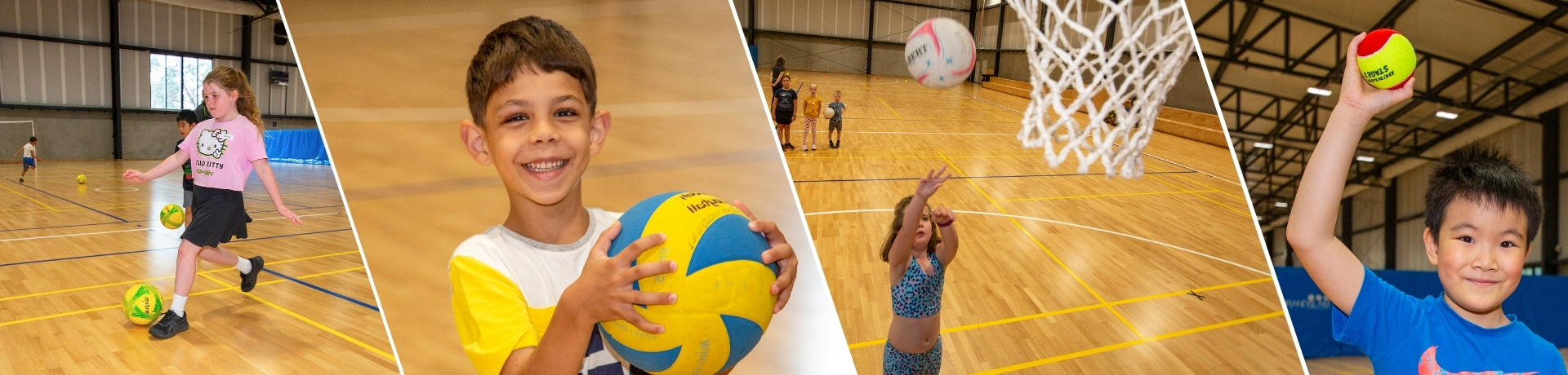 Children enjoying futsal, volleyball, netball, and tennis