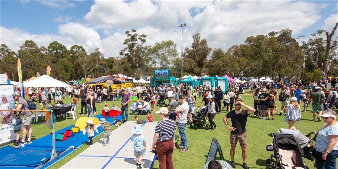 Families enjoying gymnastics activities at Maroondah Festival 2024